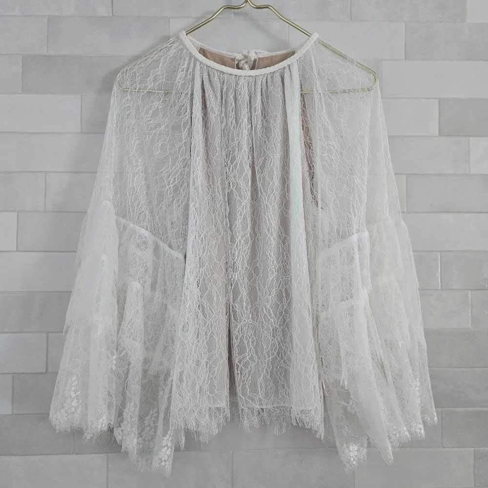 Alice + Olivia Delia Ruffled Lace Tunic Top Blouse White Sheer Mesh Bell Sleeve - Picture 2 of 10